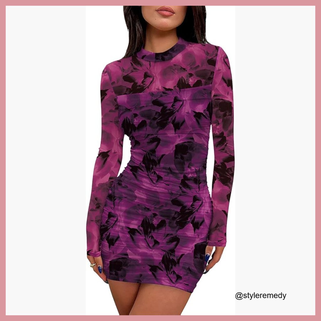 Mesh Sheer Long Sleeve Ruched Mini Dress Bodycon Mock Neck